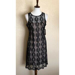 Sharagano Petite Women's Lace Sheath Dress Black/Nude Size 6P